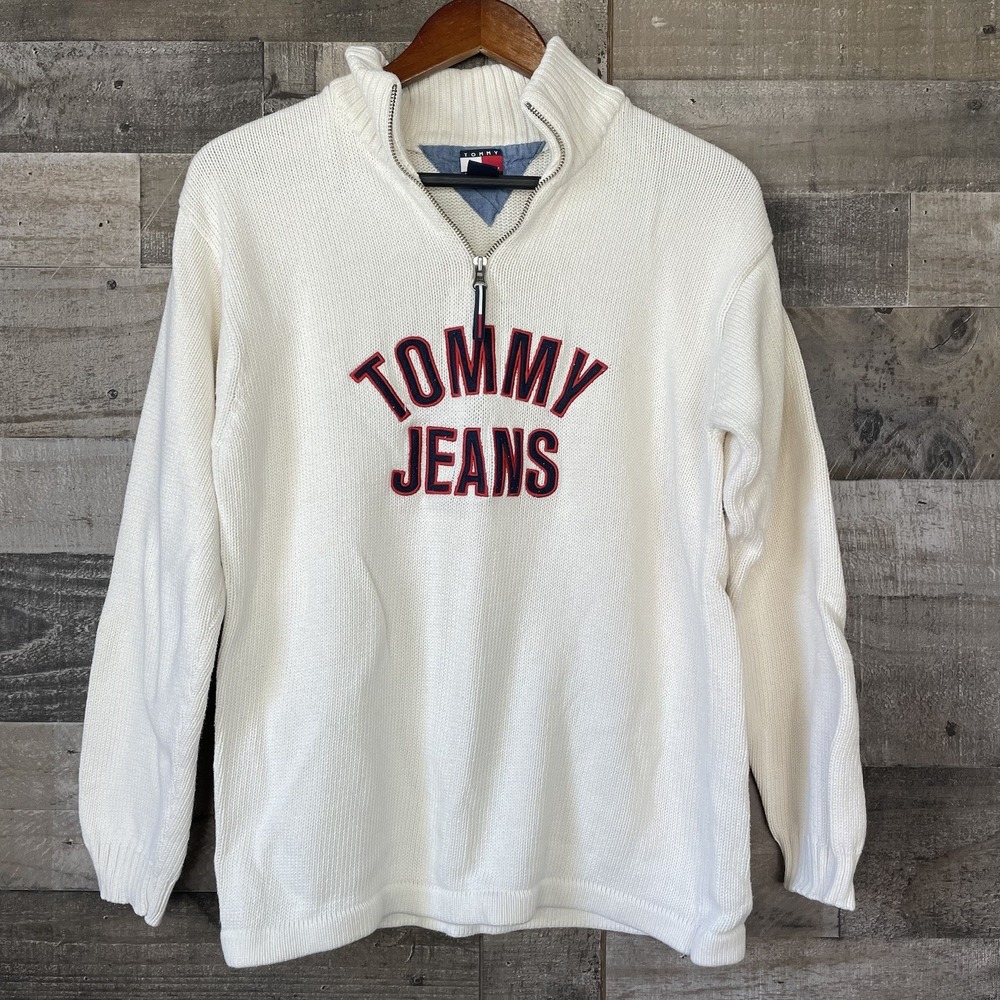 Vintage Tommy Jeans Sweater Mens Large White Hilfiger Zip Knit Pullover Y2K